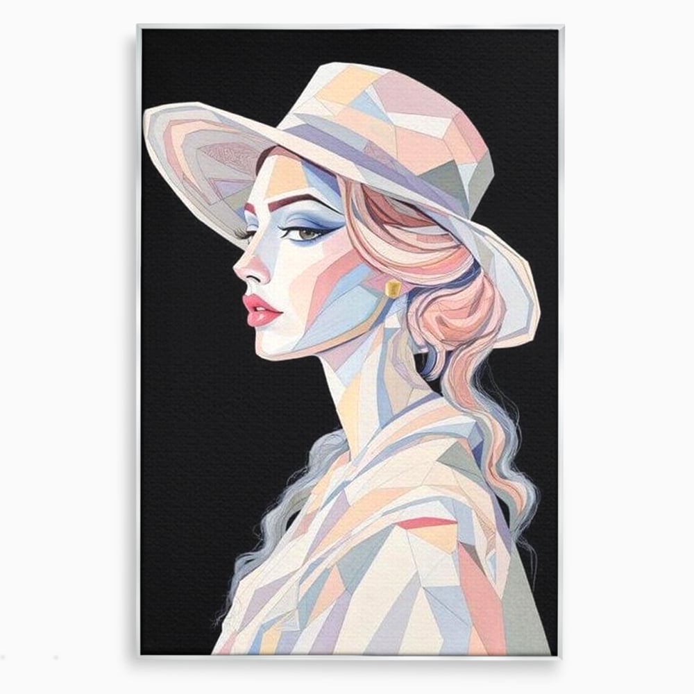 Leinwand Premium Canvas Wall Art, LuxCanva® G1226, Frau Mosaik, Geometrie, Schönheit, Pastell, Dame, Kubismus, Eleganz, Hut, anspruchsvoll, abstrakt, zeitlos, stilvoll, Modernismus, Wohnzimmer, Büro, Wohnzimmer, Schlafzimmer