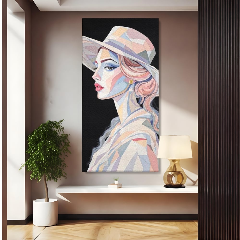 Leinwand Premium Canvas Wall Art, LuxCanva® G1226, Frau Mosaik, Geometrie, Schönheit, Pastell, Dame, Kubismus, Eleganz, Hut, anspruchsvoll, abstrakt, zeitlos, stilvoll, Modernismus, Wohnzimmer, Büro, Wohnzimmer, Schlafzimmer