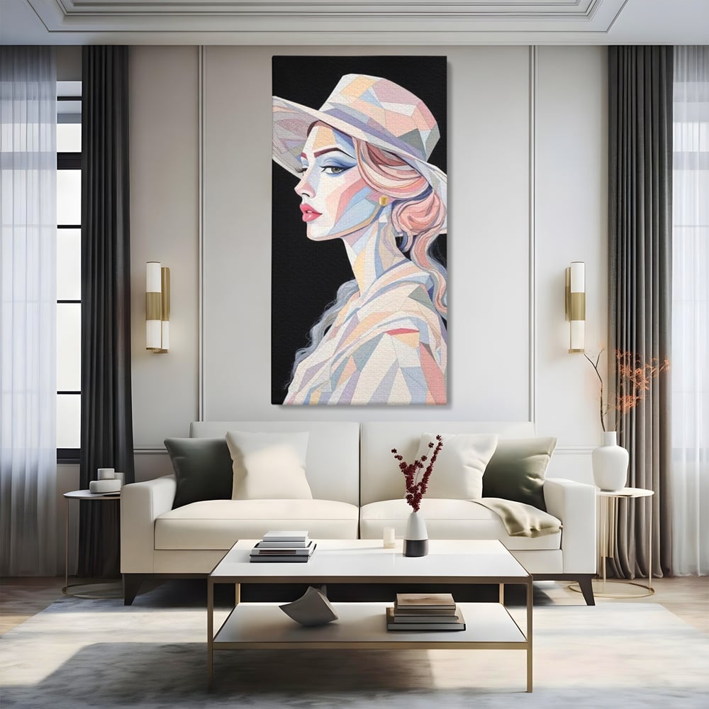 Leinwand Premium Canvas Wall Art, LuxCanva® G1226, Frau Mosaik, Geometrie, Schönheit, Pastell, Dame, Kubismus, Eleganz, Hut, anspruchsvoll, abstrakt, zeitlos, stilvoll, Modernismus, Wohnzimmer, Büro, Wohnzimmer, Schlafzimmer