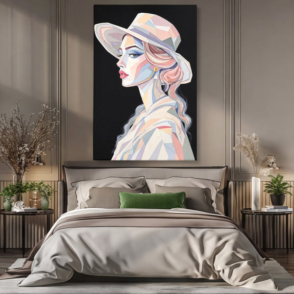 Leinwand Premium Canvas Wall Art, LuxCanva® G1226, Frau Mosaik, Geometrie, Schönheit, Pastell, Dame, Kubismus, Eleganz, Hut, anspruchsvoll, abstrakt, zeitlos, stilvoll, Modernismus, Wohnzimmer, Büro, Wohnzimmer, Schlafzimmer