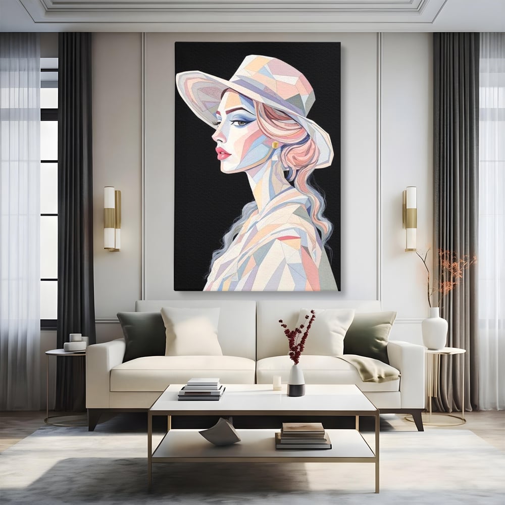 Leinwand Premium Canvas Wall Art, LuxCanva® G1226, Frau Mosaik, Geometrie, Schönheit, Pastell, Dame, Kubismus, Eleganz, Hut, anspruchsvoll, abstrakt, zeitlos, stilvoll, Modernismus, Wohnzimmer, Büro, Wohnzimmer, Schlafzimmer