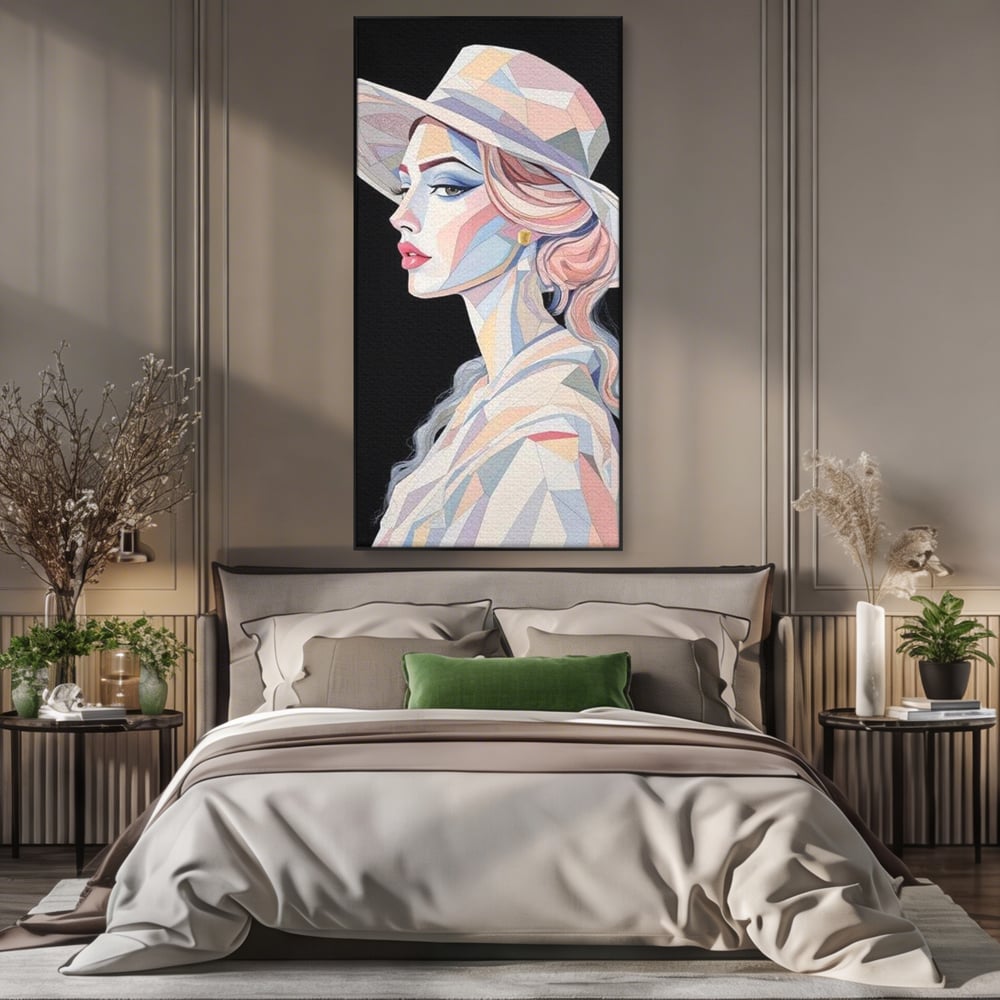 Leinwand Premium Canvas Wall Art, LuxCanva® G1226, Frau Mosaik, Geometrie, Schönheit, Pastell, Dame, Kubismus, Eleganz, Hut, anspruchsvoll, abstrakt, zeitlos, stilvoll, Modernismus, Wohnzimmer, Büro, Wohnzimmer, Schlafzimmer