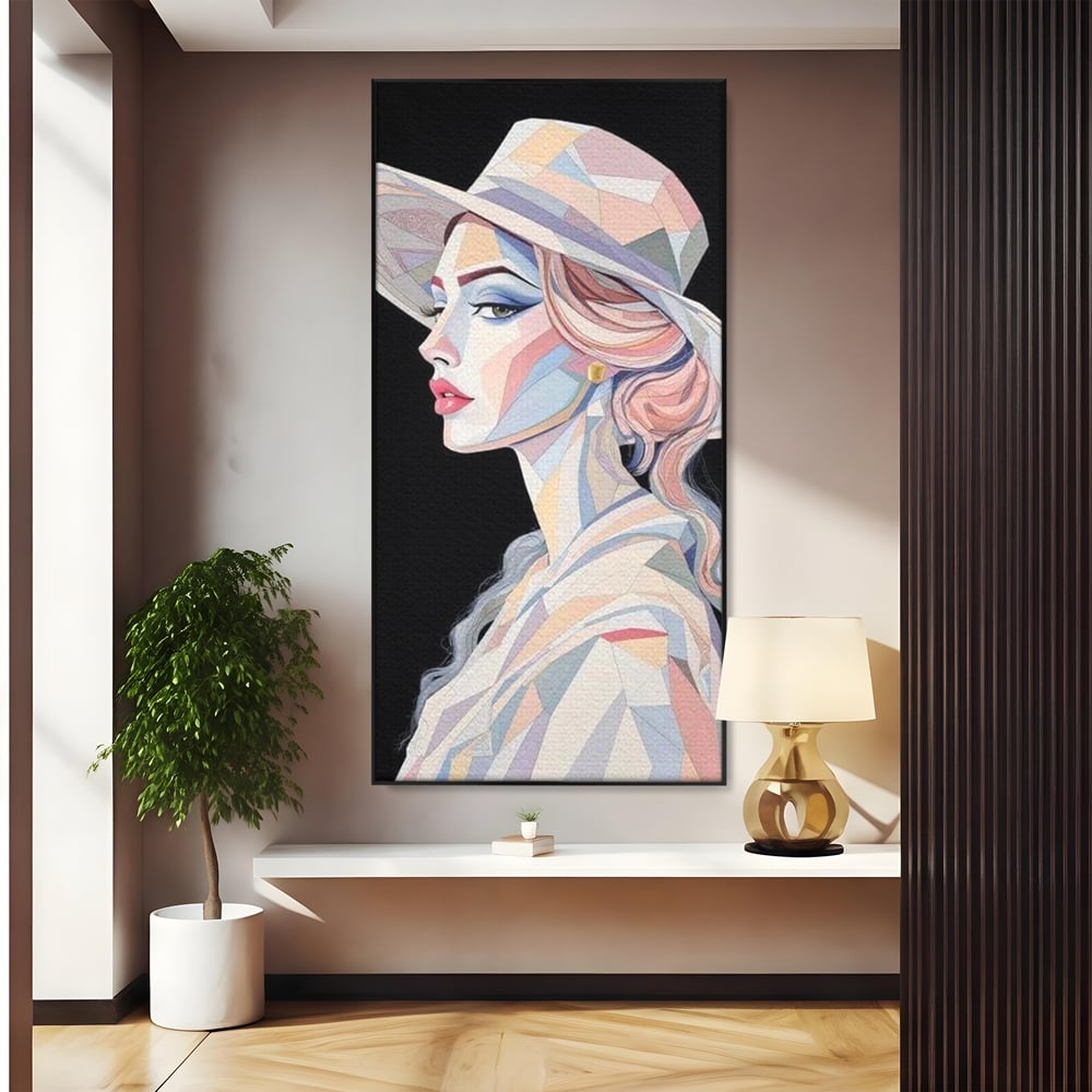 Leinwand Premium Canvas Wall Art, LuxCanva® G1226, Frau Mosaik, Geometrie, Schönheit, Pastell, Dame, Kubismus, Eleganz, Hut, anspruchsvoll, abstrakt, zeitlos, stilvoll, Modernismus, Wohnzimmer, Büro, Wohnzimmer, Schlafzimmer