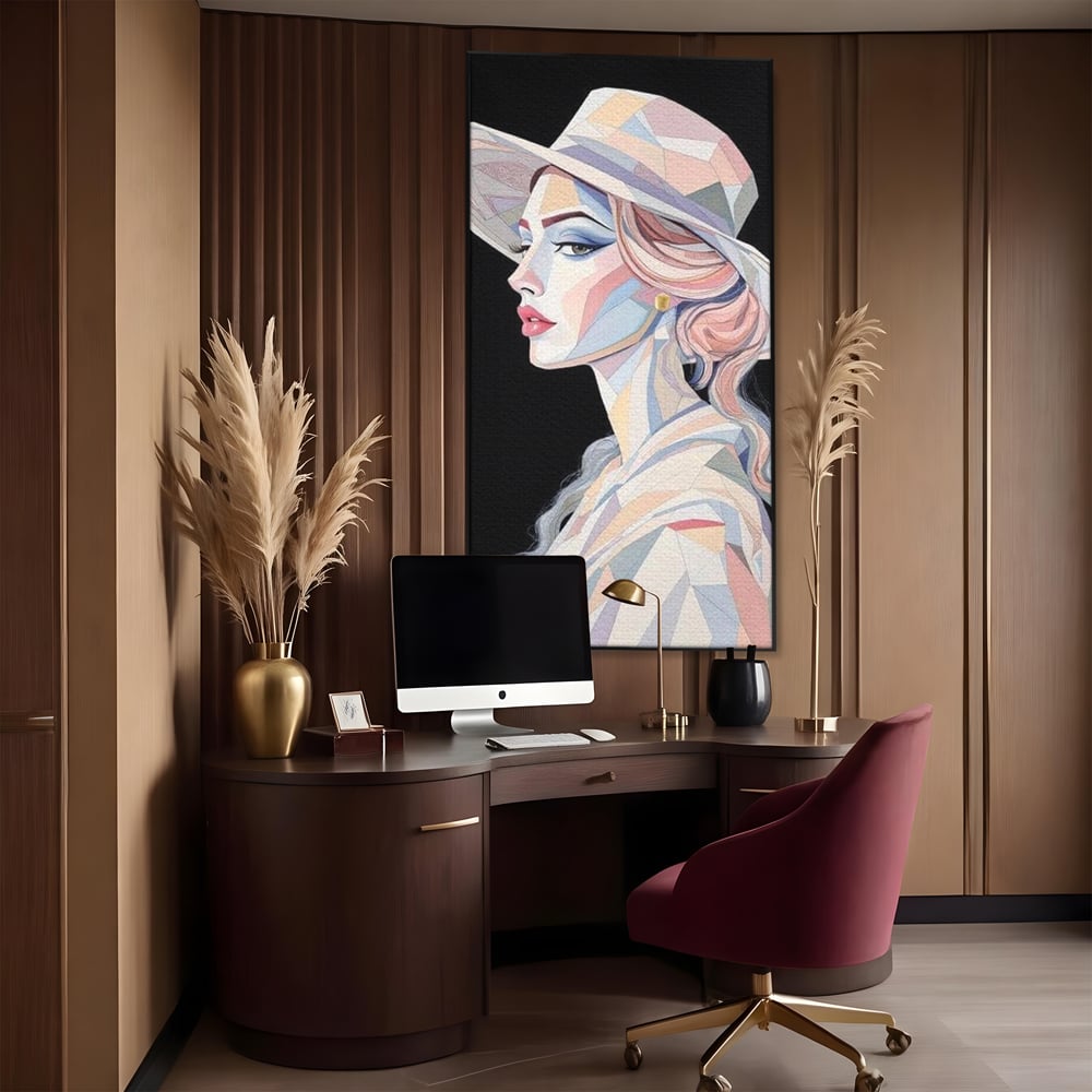 Leinwand Premium Canvas Wall Art, LuxCanva® G1226, Frau Mosaik, Geometrie, Schönheit, Pastell, Dame, Kubismus, Eleganz, Hut, anspruchsvoll, abstrakt, zeitlos, stilvoll, Modernismus, Wohnzimmer, Büro, Wohnzimmer, Schlafzimmer
