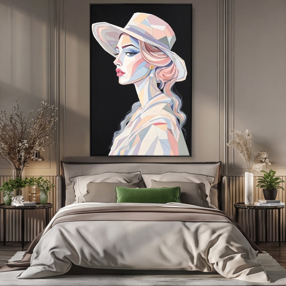 Leinwand Premium Canvas Wall Art, LuxCanva® G1226, Frau Mosaik, Geometrie, Schönheit, Pastell, Dame, Kubismus, Eleganz, Hut, anspruchsvoll, abstrakt, zeitlos, stilvoll, Modernismus, Wohnzimmer, Büro, Wohnzimmer, Schlafzimmer