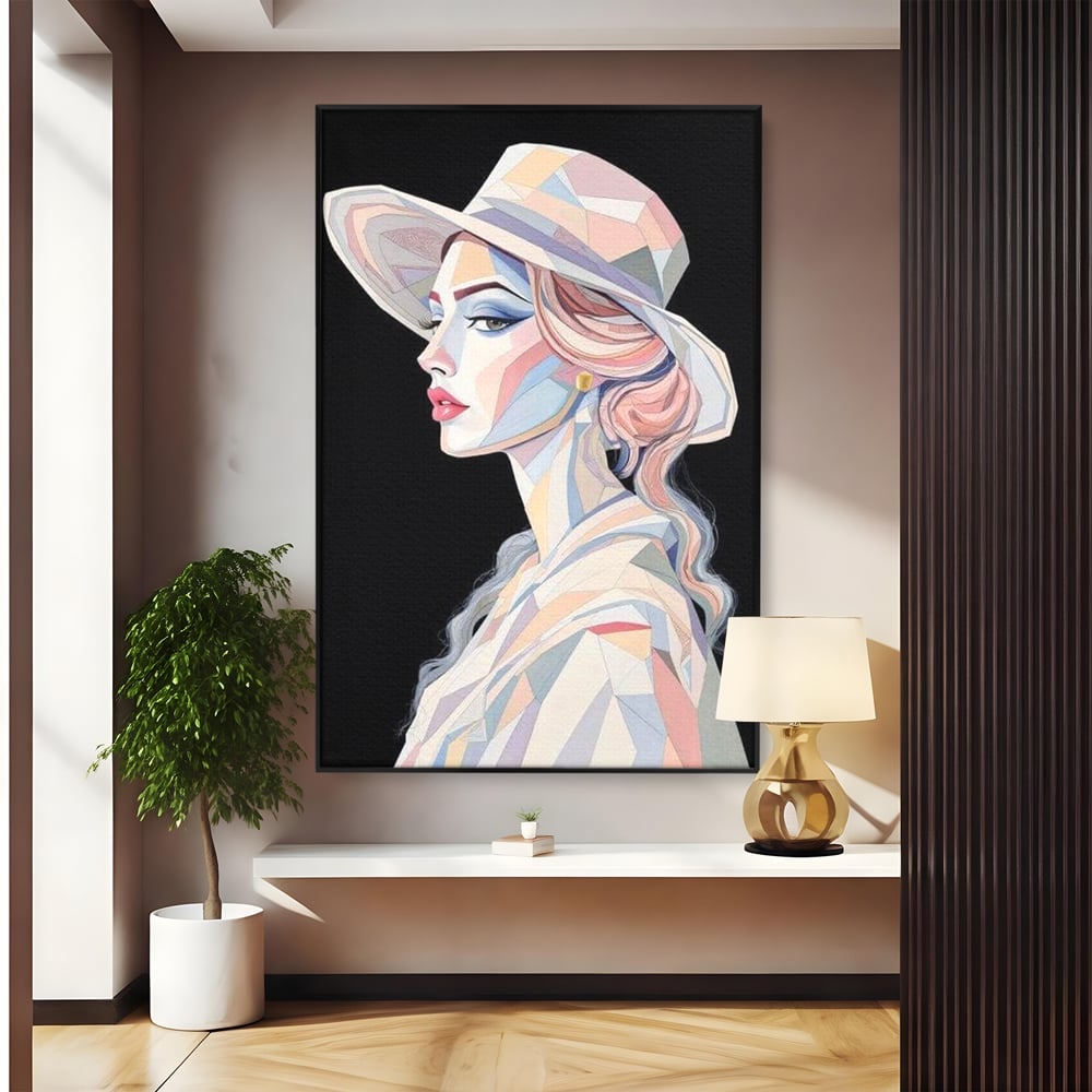 Leinwand Premium Canvas Wall Art, LuxCanva® G1226, Frau Mosaik, Geometrie, Schönheit, Pastell, Dame, Kubismus, Eleganz, Hut, anspruchsvoll, abstrakt, zeitlos, stilvoll, Modernismus, Wohnzimmer, Büro, Wohnzimmer, Schlafzimmer