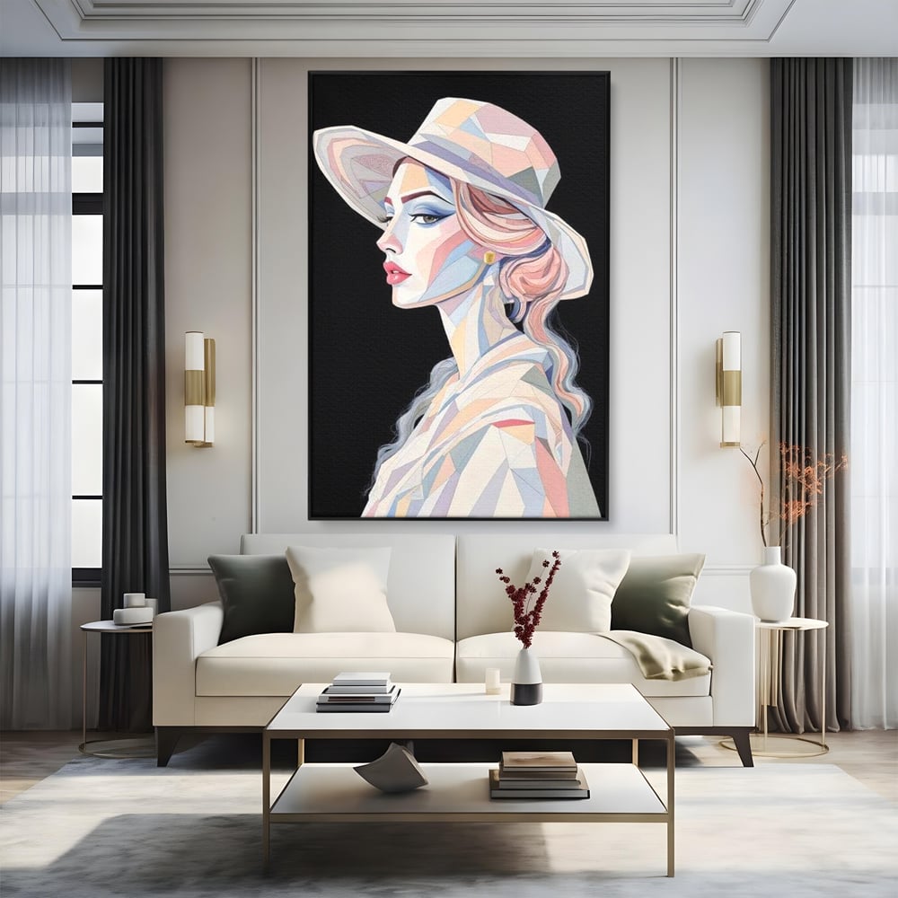 Leinwand Premium Canvas Wall Art, LuxCanva® G1226, Frau Mosaik, Geometrie, Schönheit, Pastell, Dame, Kubismus, Eleganz, Hut, anspruchsvoll, abstrakt, zeitlos, stilvoll, Modernismus, Wohnzimmer, Büro, Wohnzimmer, Schlafzimmer