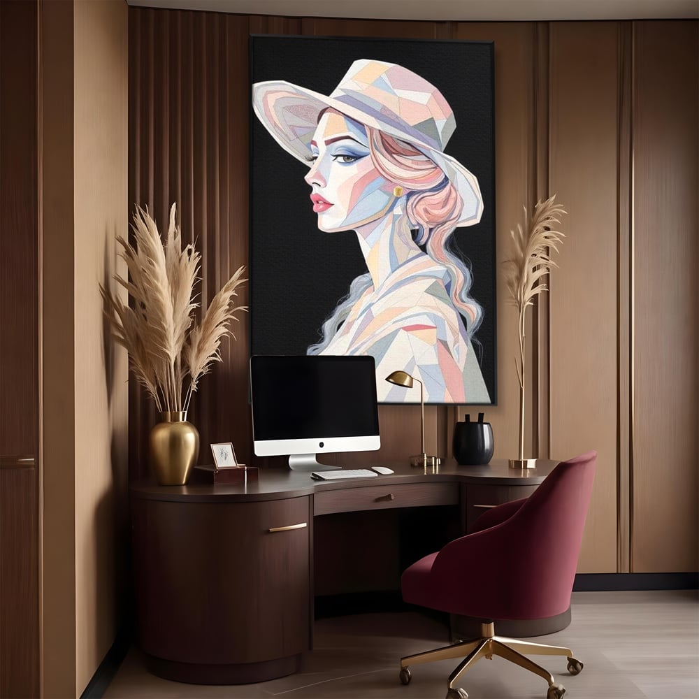 Leinwand Premium Canvas Wall Art, LuxCanva® G1226, Frau Mosaik, Geometrie, Schönheit, Pastell, Dame, Kubismus, Eleganz, Hut, anspruchsvoll, abstrakt, zeitlos, stilvoll, Modernismus, Wohnzimmer, Büro, Wohnzimmer, Schlafzimmer