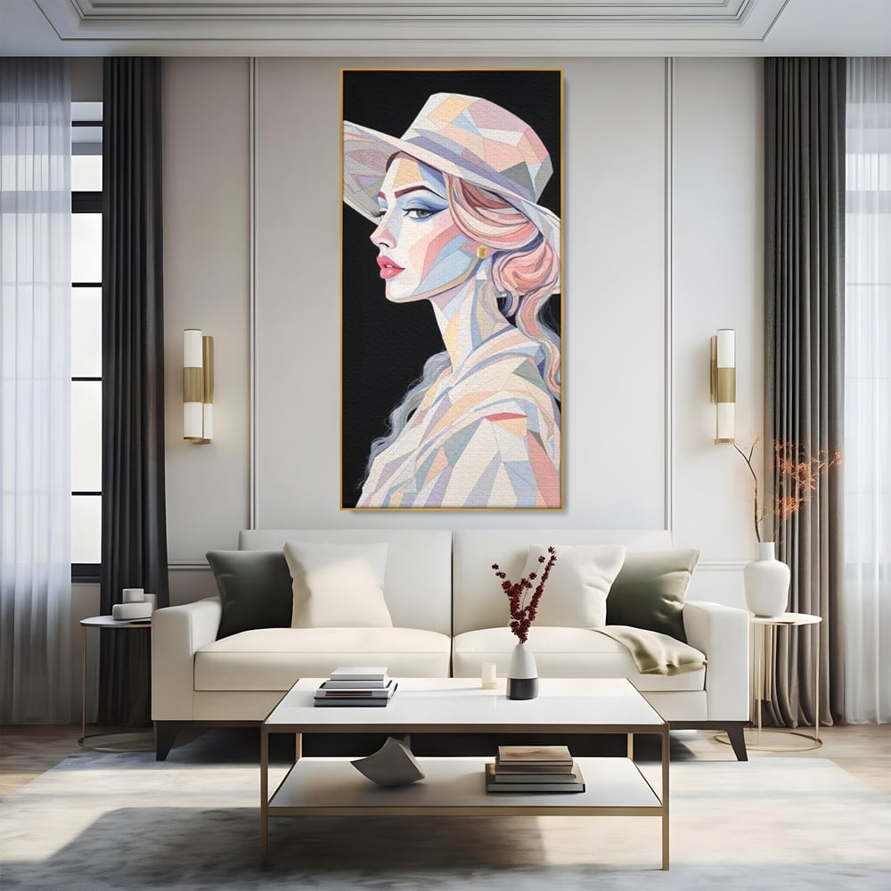 Leinwand Premium Canvas Wall Art, LuxCanva® G1226, Frau Mosaik, Geometrie, Schönheit, Pastell, Dame, Kubismus, Eleganz, Hut, anspruchsvoll, abstrakt, zeitlos, stilvoll, Modernismus, Wohnzimmer, Büro, Wohnzimmer, Schlafzimmer