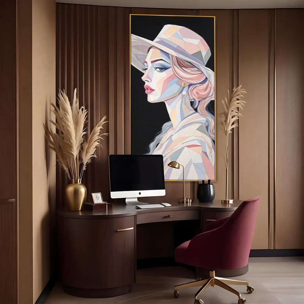 Leinwand Premium Canvas Wall Art, LuxCanva® G1226, Frau Mosaik, Geometrie, Schönheit, Pastell, Dame, Kubismus, Eleganz, Hut, anspruchsvoll, abstrakt, zeitlos, stilvoll, Modernismus, Wohnzimmer, Büro, Wohnzimmer, Schlafzimmer