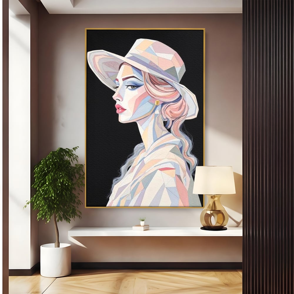 Leinwand Premium Canvas Wall Art, LuxCanva® G1226, Frau Mosaik, Geometrie, Schönheit, Pastell, Dame, Kubismus, Eleganz, Hut, anspruchsvoll, abstrakt, zeitlos, stilvoll, Modernismus, Wohnzimmer, Büro, Wohnzimmer, Schlafzimmer