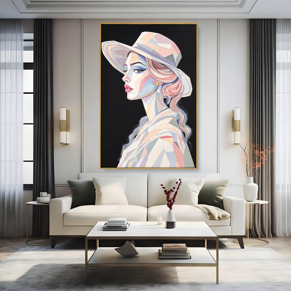 Leinwand Premium Canvas Wall Art, LuxCanva® G1226, Frau Mosaik, Geometrie, Schönheit, Pastell, Dame, Kubismus, Eleganz, Hut, anspruchsvoll, abstrakt, zeitlos, stilvoll, Modernismus, Wohnzimmer, Büro, Wohnzimmer, Schlafzimmer