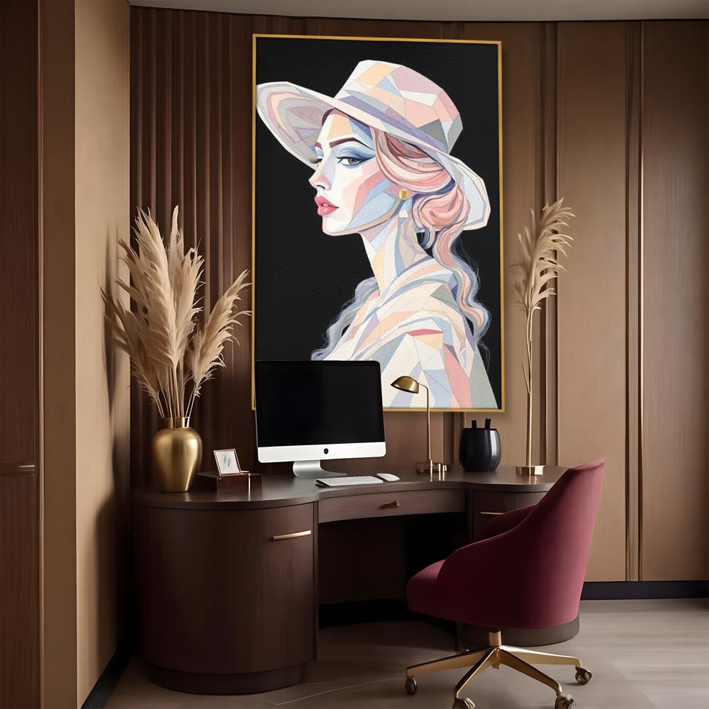 Leinwand Premium Canvas Wall Art, LuxCanva® G1226, Frau Mosaik, Geometrie, Schönheit, Pastell, Dame, Kubismus, Eleganz, Hut, anspruchsvoll, abstrakt, zeitlos, stilvoll, Modernismus, Wohnzimmer, Büro, Wohnzimmer, Schlafzimmer