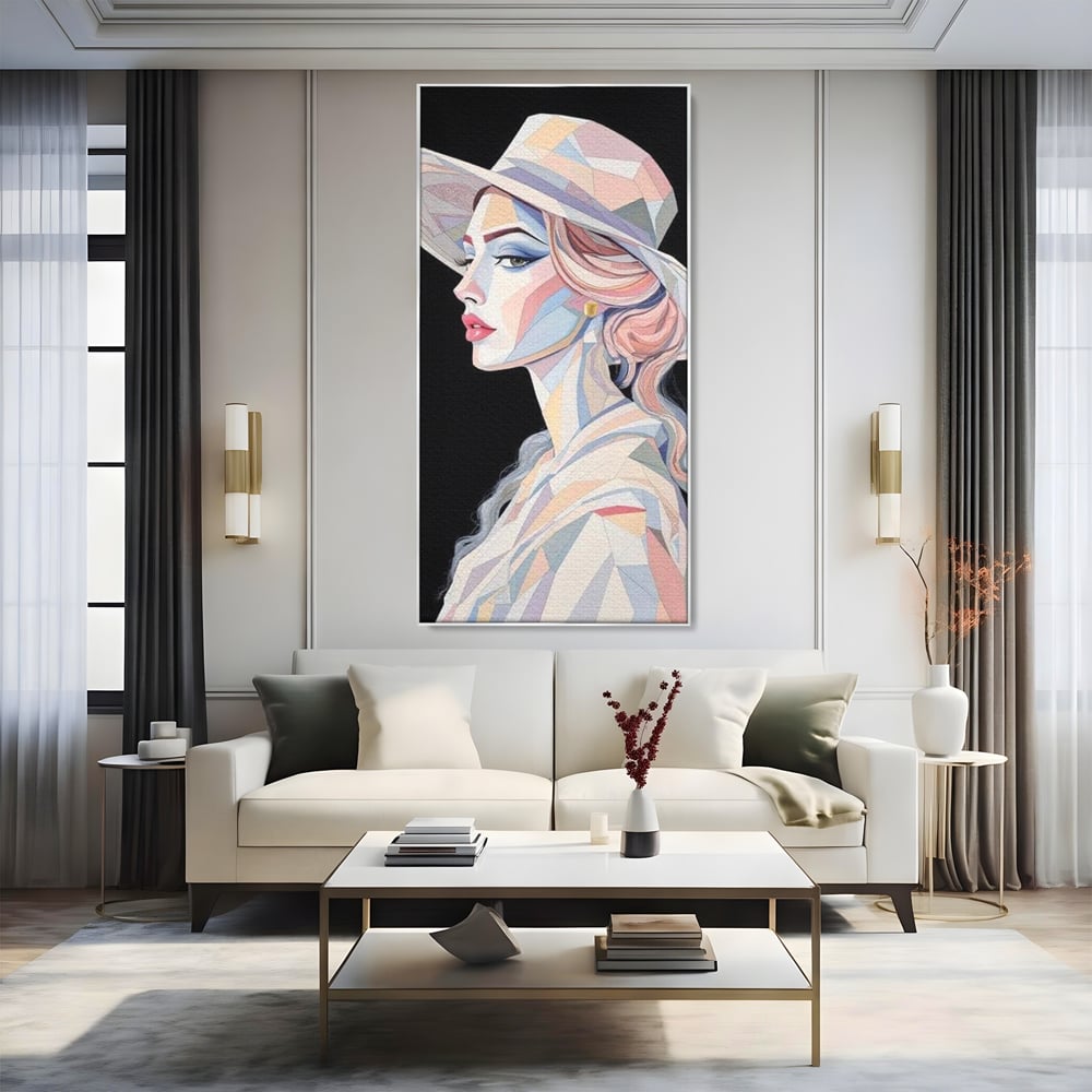 Leinwand Premium Canvas Wall Art, LuxCanva® G1226, Frau Mosaik, Geometrie, Schönheit, Pastell, Dame, Kubismus, Eleganz, Hut, anspruchsvoll, abstrakt, zeitlos, stilvoll, Modernismus, Wohnzimmer, Büro, Wohnzimmer, Schlafzimmer