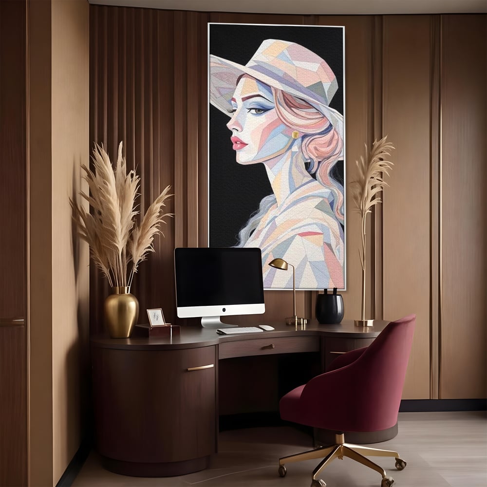 Leinwand Premium Canvas Wall Art, LuxCanva® G1226, Frau Mosaik, Geometrie, Schönheit, Pastell, Dame, Kubismus, Eleganz, Hut, anspruchsvoll, abstrakt, zeitlos, stilvoll, Modernismus, Wohnzimmer, Büro, Wohnzimmer, Schlafzimmer