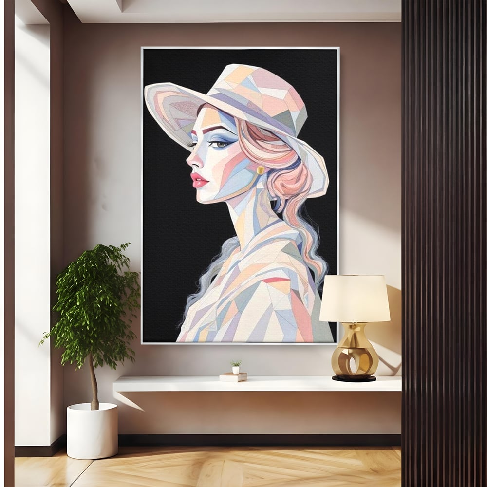 Leinwand Premium Canvas Wall Art, LuxCanva® G1226, Frau Mosaik, Geometrie, Schönheit, Pastell, Dame, Kubismus, Eleganz, Hut, anspruchsvoll, abstrakt, zeitlos, stilvoll, Modernismus, Wohnzimmer, Büro, Wohnzimmer, Schlafzimmer