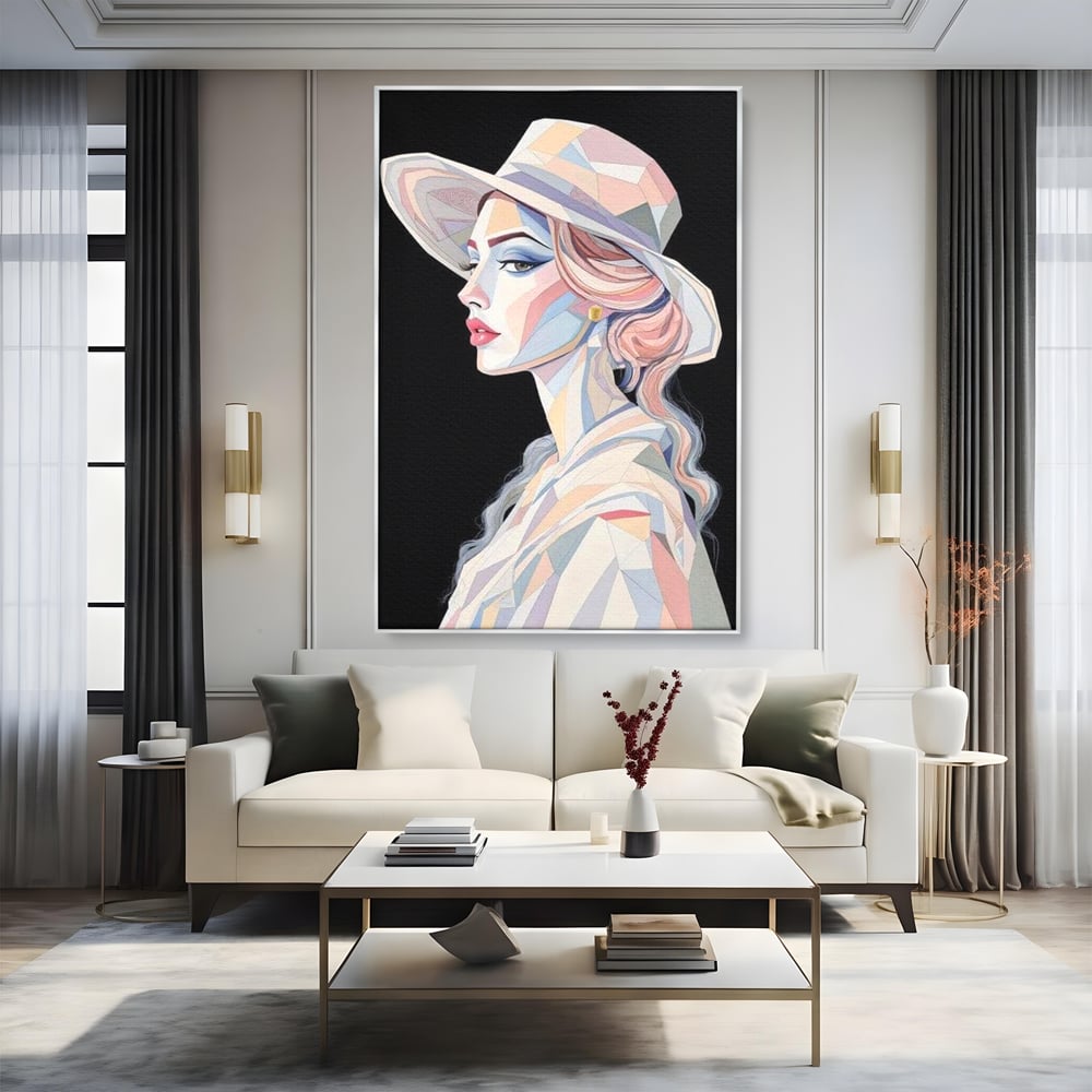 Leinwand Premium Canvas Wall Art, LuxCanva® G1226, Frau Mosaik, Geometrie, Schönheit, Pastell, Dame, Kubismus, Eleganz, Hut, anspruchsvoll, abstrakt, zeitlos, stilvoll, Modernismus, Wohnzimmer, Büro, Wohnzimmer, Schlafzimmer
