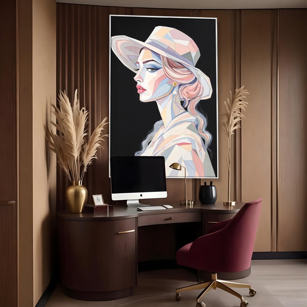 Leinwand Premium Canvas Wall Art, LuxCanva® G1226, Frau Mosaik, Geometrie, Schönheit, Pastell, Dame, Kubismus, Eleganz, Hut, anspruchsvoll, abstrakt, zeitlos, stilvoll, Modernismus, Wohnzimmer, Büro, Wohnzimmer, Schlafzimmer