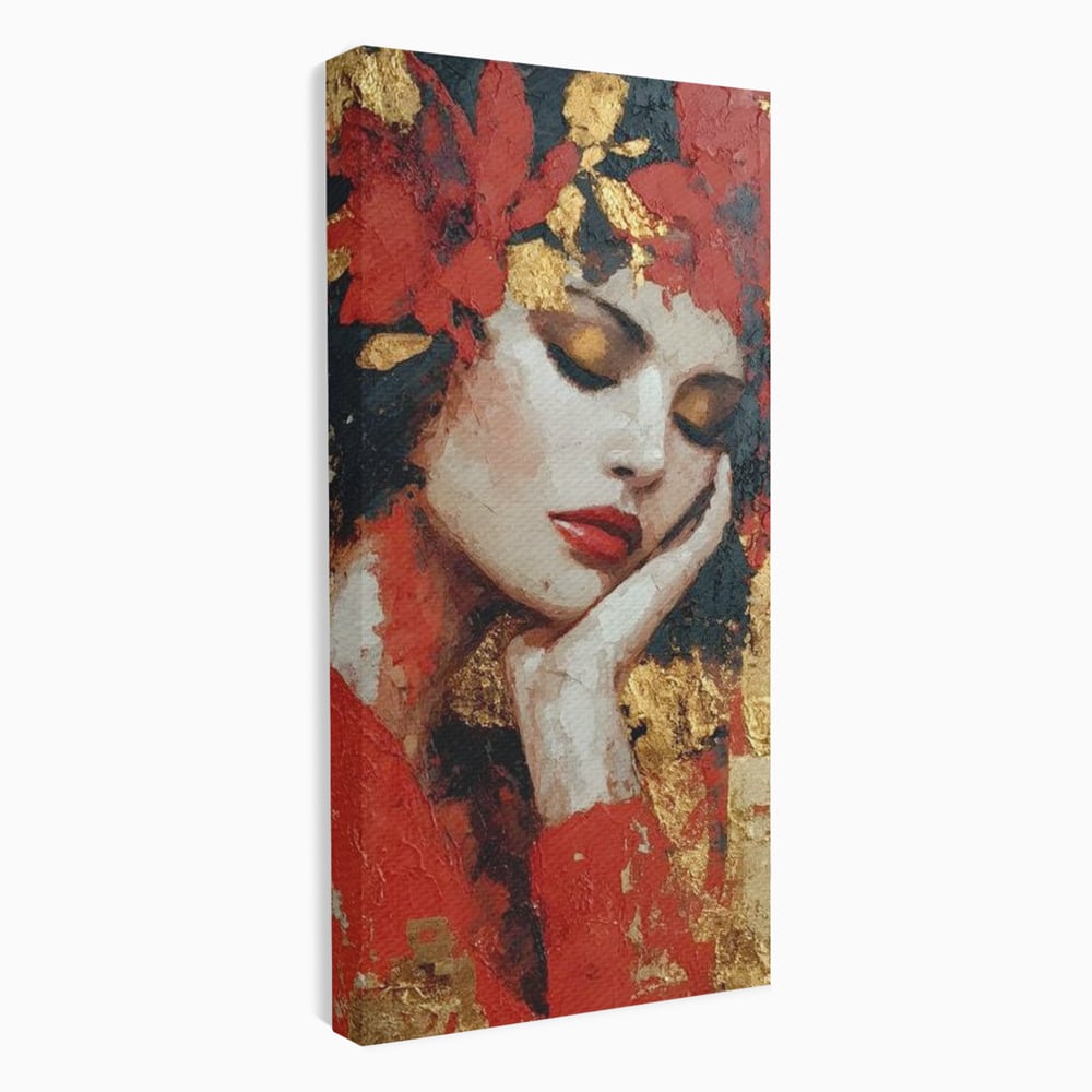 Tablou Canvas Premium, LuxCanva® G1227, Rasuflarea Luminii, Visare, Aur, Rosu, Tacere, Toamna, Catifea, Ganduri, Melancolie, Flori, Portret, Rafinament, Mister, Pasiune, Salon, Living, Dormitor