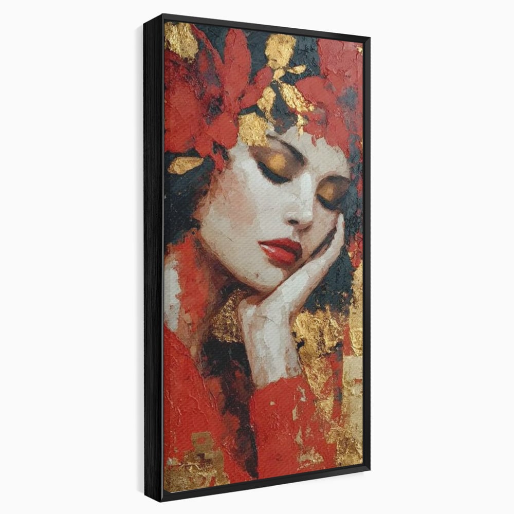 Tablou Canvas Premium, LuxCanva® G1227, Rasuflarea Luminii, Visare, Aur, Rosu, Tacere, Toamna, Catifea, Ganduri, Melancolie, Flori, Portret, Rafinament, Mister, Pasiune, Salon, Living, Dormitor
