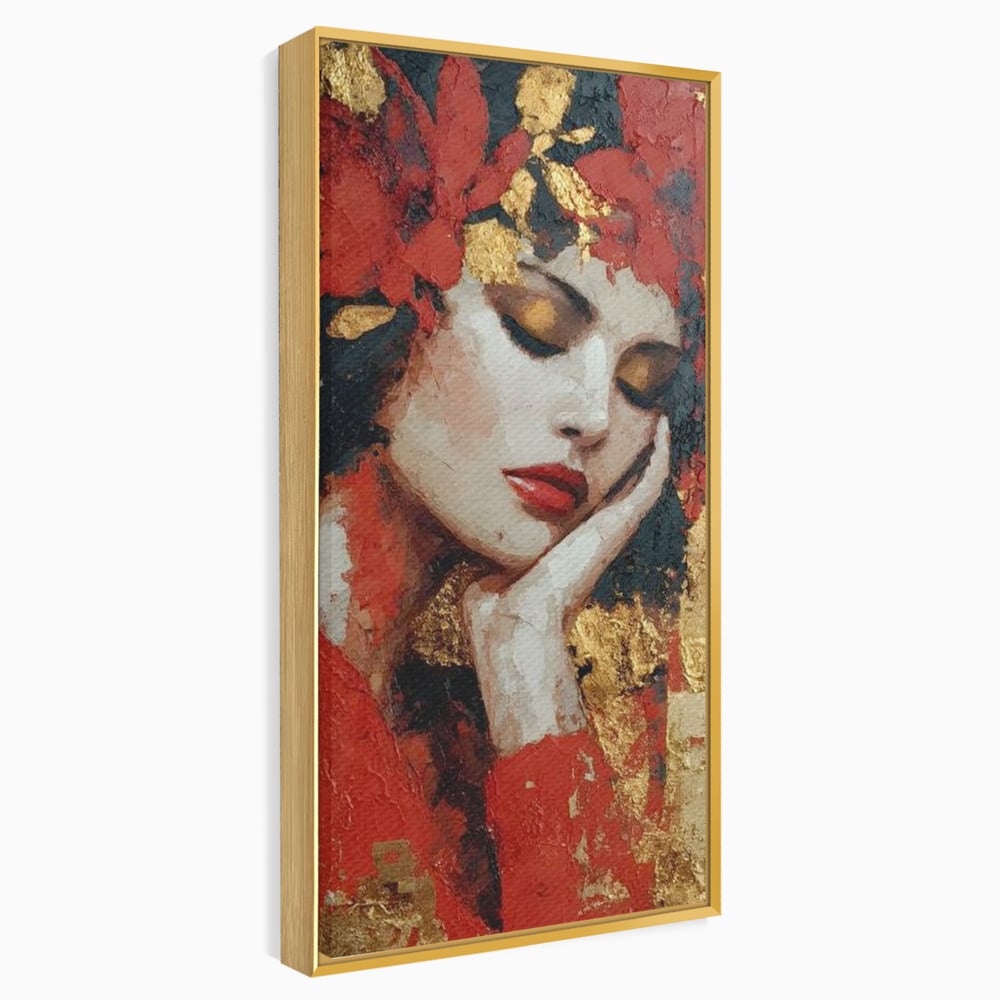 Tablou Canvas Premium, LuxCanva® G1227, Rasuflarea Luminii, Visare, Aur, Rosu, Tacere, Toamna, Catifea, Ganduri, Melancolie, Flori, Portret, Rafinament, Mister, Pasiune, Salon, Living, Dormitor