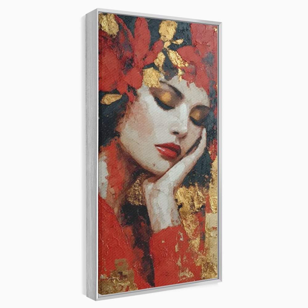 Tablou Canvas Premium, LuxCanva® G1227, Rasuflarea Luminii, Visare, Aur, Rosu, Tacere, Toamna, Catifea, Ganduri, Melancolie, Flori, Portret, Rafinament, Mister, Pasiune, Salon, Living, Dormitor