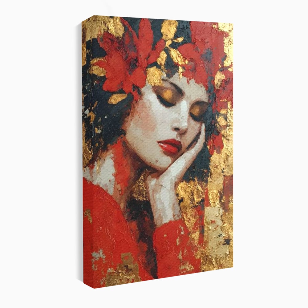 Tablou Canvas Premium, LuxCanva® G1227, Rasuflarea Luminii, Visare, Aur, Rosu, Tacere, Toamna, Catifea, Ganduri, Melancolie, Flori, Portret, Rafinament, Mister, Pasiune, Salon, Living, Dormitor