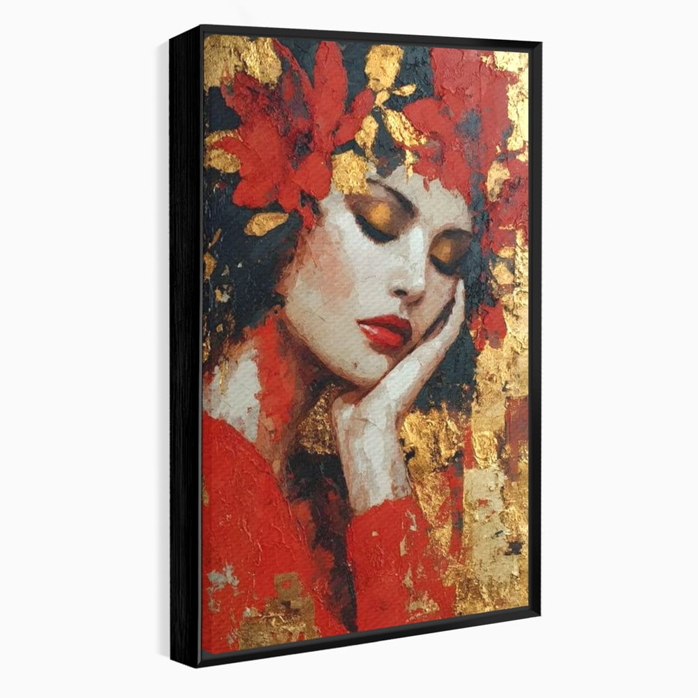 Tablou Canvas Premium, LuxCanva® G1227, Rasuflarea Luminii, Visare, Aur, Rosu, Tacere, Toamna, Catifea, Ganduri, Melancolie, Flori, Portret, Rafinament, Mister, Pasiune, Salon, Living, Dormitor
