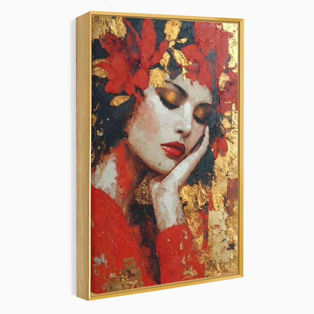 Tablou Canvas Premium, LuxCanva® G1227, Rasuflarea Luminii, Visare, Aur, Rosu, Tacere, Toamna, Catifea, Ganduri, Melancolie, Flori, Portret, Rafinament, Mister, Pasiune, Salon, Living, Dormitor