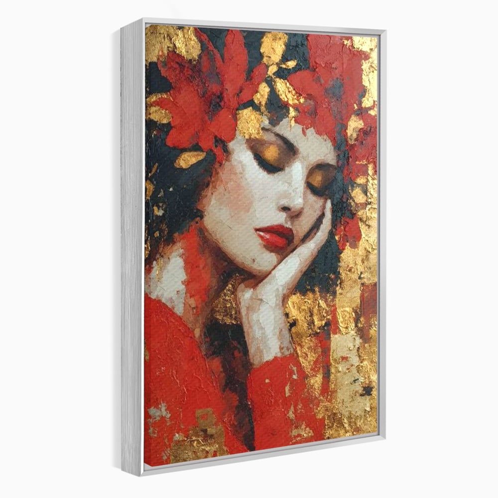 Tablou Canvas Premium, LuxCanva® G1227, Rasuflarea Luminii, Visare, Aur, Rosu, Tacere, Toamna, Catifea, Ganduri, Melancolie, Flori, Portret, Rafinament, Mister, Pasiune, Salon, Living, Dormitor