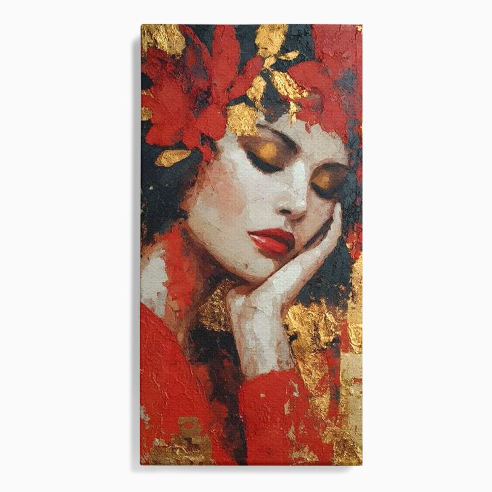 Tablou Canvas Premium, LuxCanva® G1227, Rasuflarea Luminii, Visare, Aur, Rosu, Tacere, Toamna, Catifea, Ganduri, Melancolie, Flori, Portret, Rafinament, Mister, Pasiune, Salon, Living, Dormitor