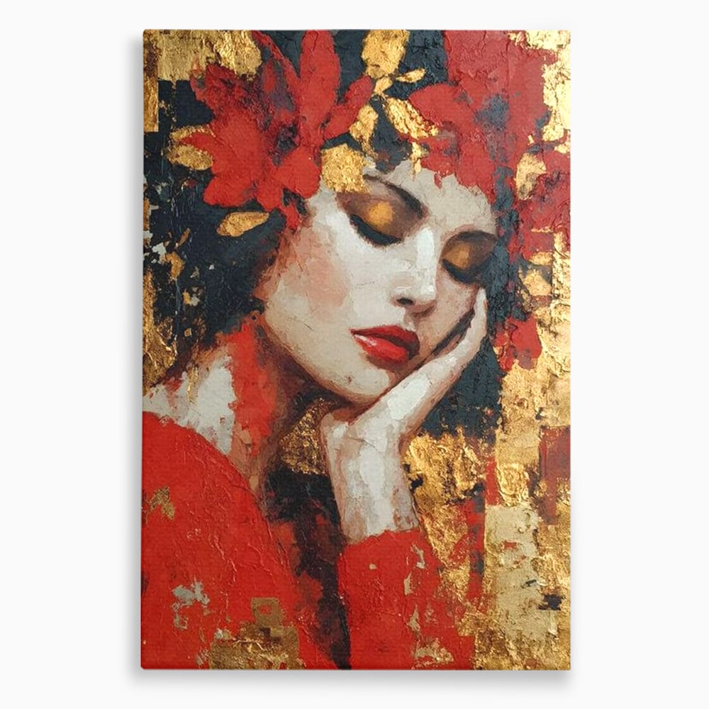 Tablou Canvas Premium, LuxCanva® G1227, Rasuflarea Luminii, Visare, Aur, Rosu, Tacere, Toamna, Catifea, Ganduri, Melancolie, Flori, Portret, Rafinament, Mister, Pasiune, Salon, Living, Dormitor