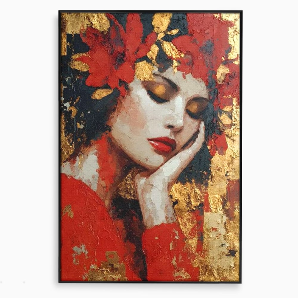 Tablou Canvas Premium, LuxCanva® G1227, Rasuflarea Luminii, Visare, Aur, Rosu, Tacere, Toamna, Catifea, Ganduri, Melancolie, Flori, Portret, Rafinament, Mister, Pasiune, Salon, Living, Dormitor