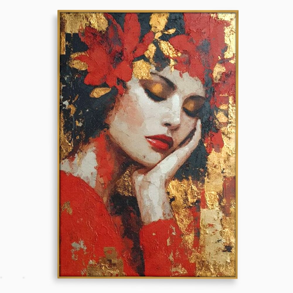 Tablou Canvas Premium, LuxCanva® G1227, Rasuflarea Luminii, Visare, Aur, Rosu, Tacere, Toamna, Catifea, Ganduri, Melancolie, Flori, Portret, Rafinament, Mister, Pasiune, Salon, Living, Dormitor