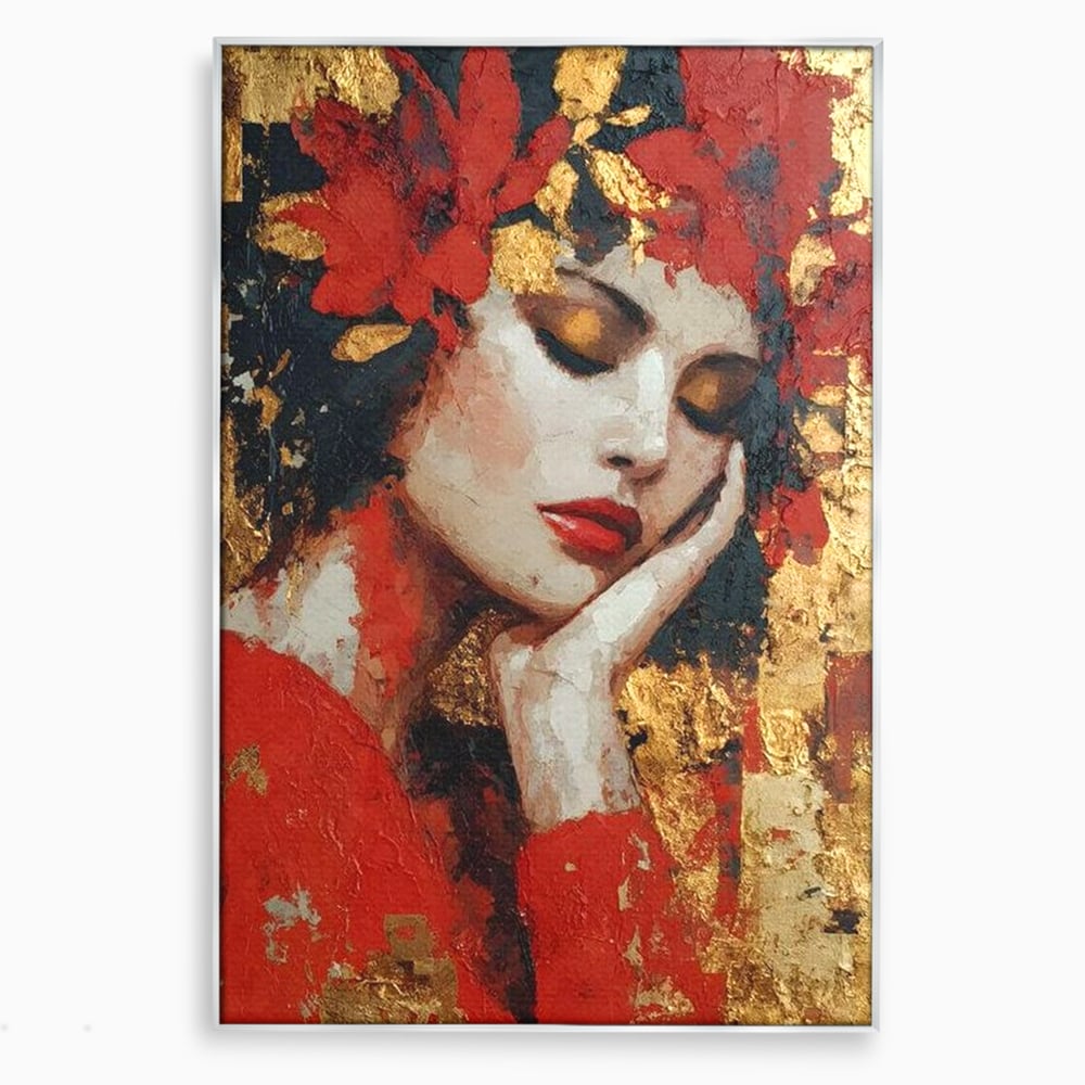 Tablou Canvas Premium, LuxCanva® G1227, Rasuflarea Luminii, Visare, Aur, Rosu, Tacere, Toamna, Catifea, Ganduri, Melancolie, Flori, Portret, Rafinament, Mister, Pasiune, Salon, Living, Dormitor