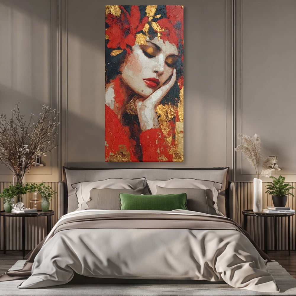 Tablou Canvas Premium, LuxCanva® G1227, Rasuflarea Luminii, Visare, Aur, Rosu, Tacere, Toamna, Catifea, Ganduri, Melancolie, Flori, Portret, Rafinament, Mister, Pasiune, Salon, Living, Dormitor