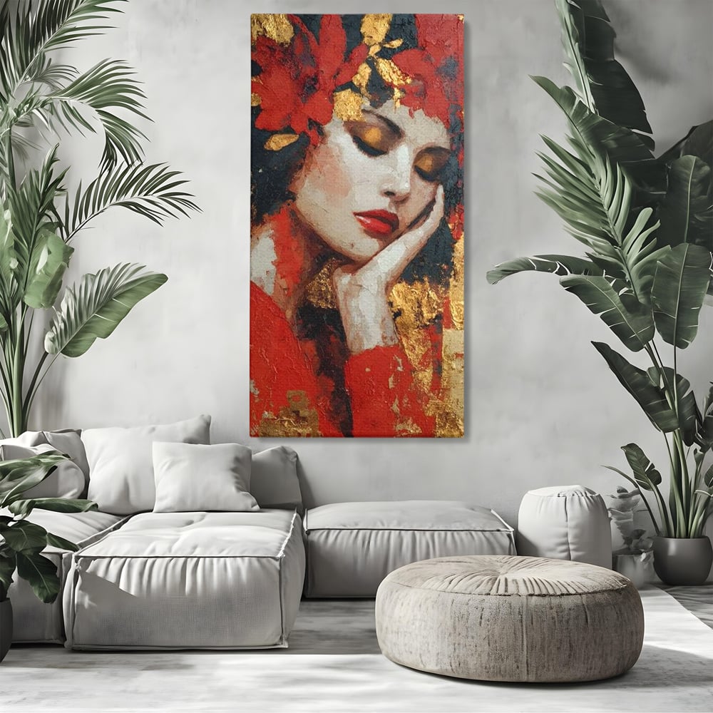 Tablou Canvas Premium, LuxCanva® G1227, Rasuflarea Luminii, Visare, Aur, Rosu, Tacere, Toamna, Catifea, Ganduri, Melancolie, Flori, Portret, Rafinament, Mister, Pasiune, Salon, Living, Dormitor