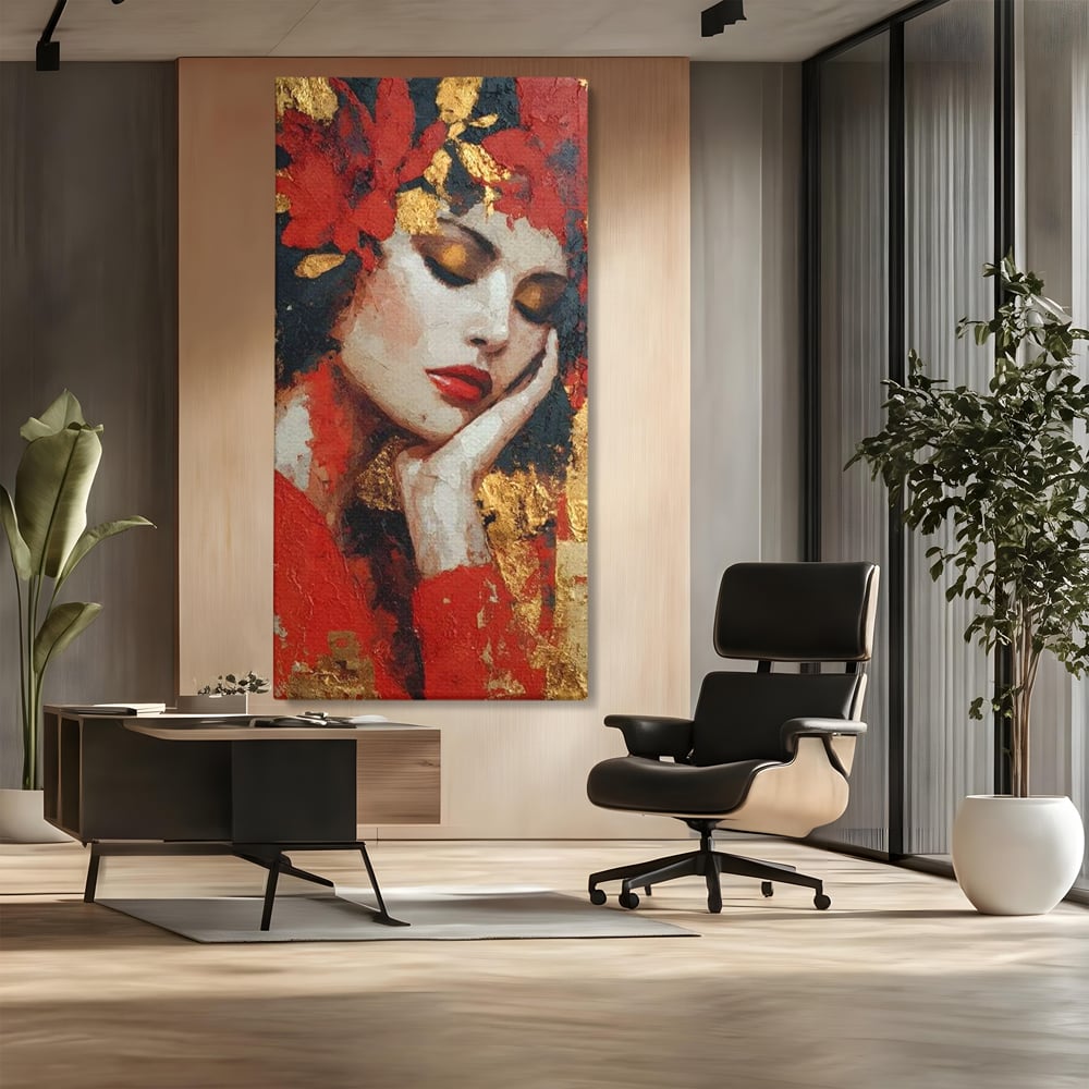 Tablou Canvas Premium, LuxCanva® G1227, Rasuflarea Luminii, Visare, Aur, Rosu, Tacere, Toamna, Catifea, Ganduri, Melancolie, Flori, Portret, Rafinament, Mister, Pasiune, Salon, Living, Dormitor