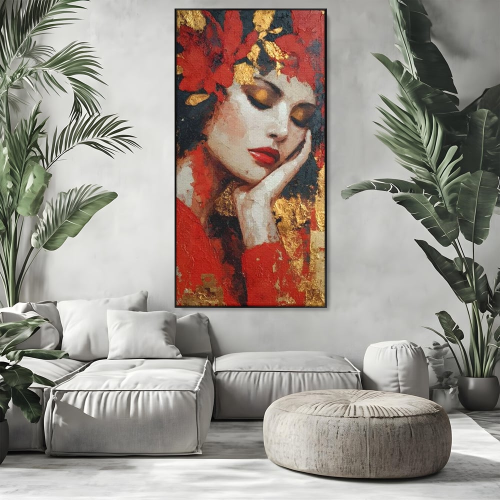 Tablou Canvas Premium, LuxCanva® G1227, Rasuflarea Luminii, Visare, Aur, Rosu, Tacere, Toamna, Catifea, Ganduri, Melancolie, Flori, Portret, Rafinament, Mister, Pasiune, Salon, Living, Dormitor
