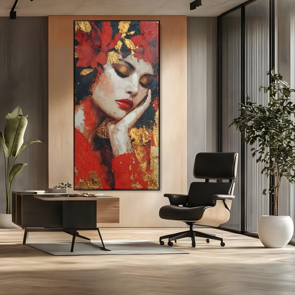 Tablou Canvas Premium, LuxCanva® G1227, Rasuflarea Luminii, Visare, Aur, Rosu, Tacere, Toamna, Catifea, Ganduri, Melancolie, Flori, Portret, Rafinament, Mister, Pasiune, Salon, Living, Dormitor