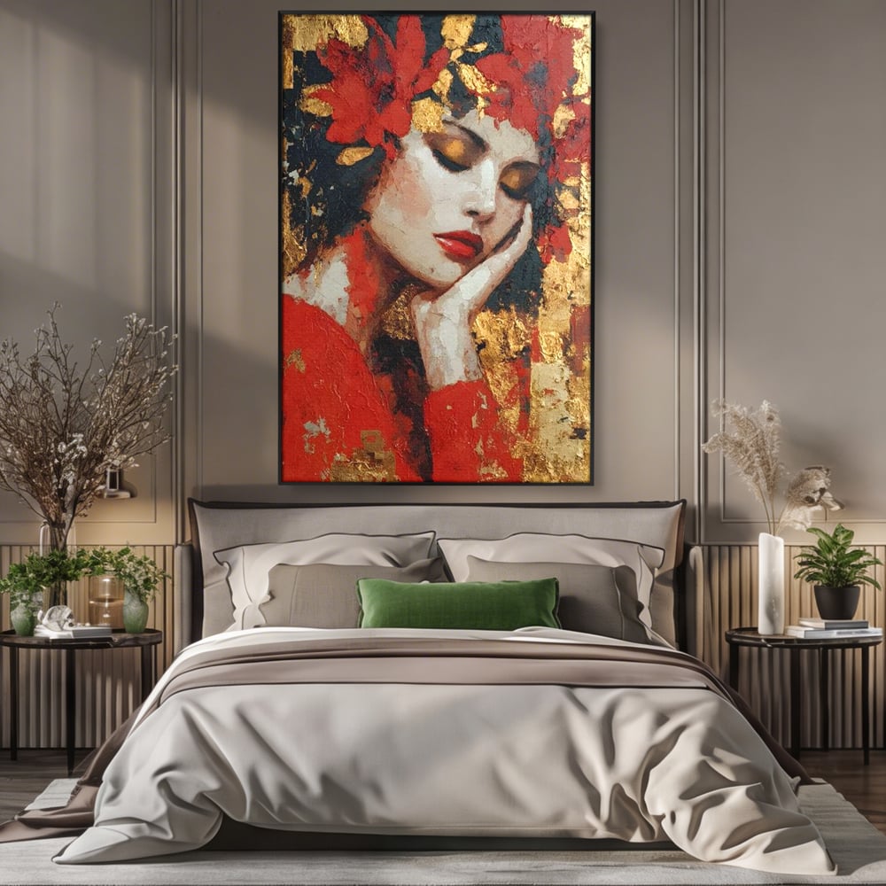 Tablou Canvas Premium, LuxCanva® G1227, Rasuflarea Luminii, Visare, Aur, Rosu, Tacere, Toamna, Catifea, Ganduri, Melancolie, Flori, Portret, Rafinament, Mister, Pasiune, Salon, Living, Dormitor