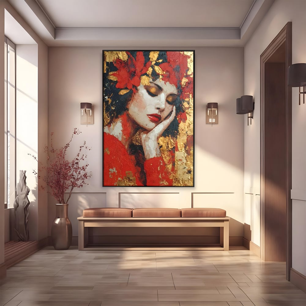 Tablou Canvas Premium, LuxCanva® G1227, Rasuflarea Luminii, Visare, Aur, Rosu, Tacere, Toamna, Catifea, Ganduri, Melancolie, Flori, Portret, Rafinament, Mister, Pasiune, Salon, Living, Dormitor