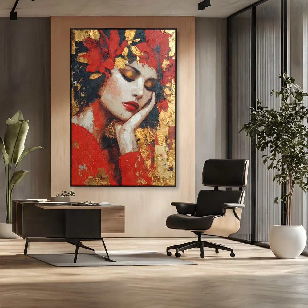 Tablou Canvas Premium, LuxCanva® G1227, Rasuflarea Luminii, Visare, Aur, Rosu, Tacere, Toamna, Catifea, Ganduri, Melancolie, Flori, Portret, Rafinament, Mister, Pasiune, Salon, Living, Dormitor