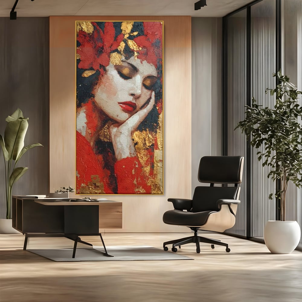 Tablou Canvas Premium, LuxCanva® G1227, Rasuflarea Luminii, Visare, Aur, Rosu, Tacere, Toamna, Catifea, Ganduri, Melancolie, Flori, Portret, Rafinament, Mister, Pasiune, Salon, Living, Dormitor
