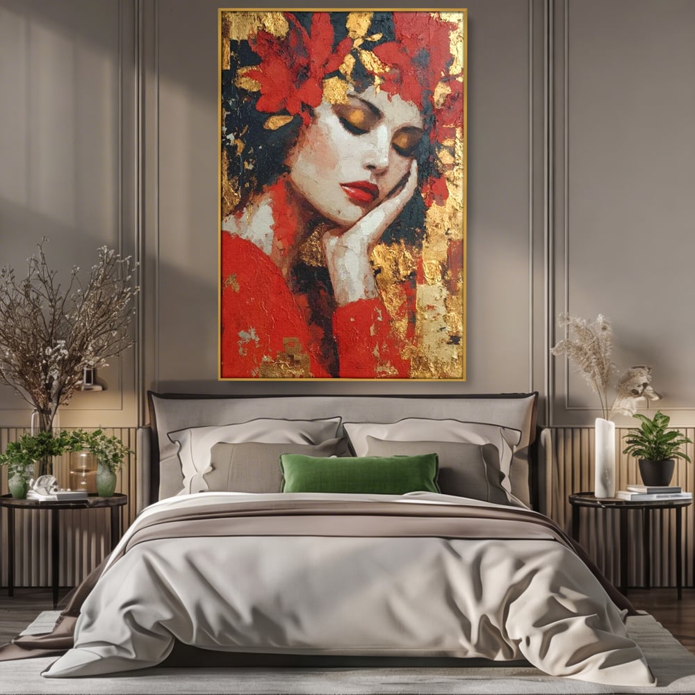 Tablou Canvas Premium, LuxCanva® G1227, Rasuflarea Luminii, Visare, Aur, Rosu, Tacere, Toamna, Catifea, Ganduri, Melancolie, Flori, Portret, Rafinament, Mister, Pasiune, Salon, Living, Dormitor