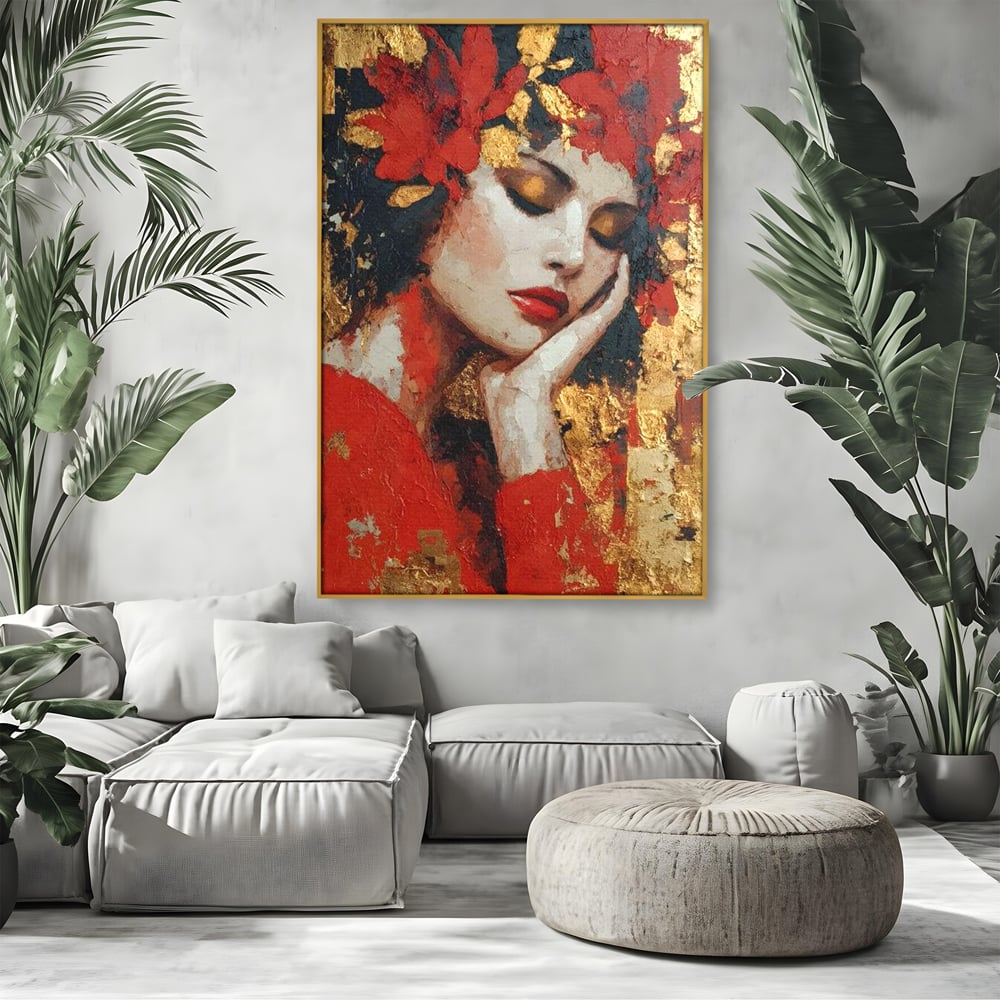 Tablou Canvas Premium, LuxCanva® G1227, Rasuflarea Luminii, Visare, Aur, Rosu, Tacere, Toamna, Catifea, Ganduri, Melancolie, Flori, Portret, Rafinament, Mister, Pasiune, Salon, Living, Dormitor