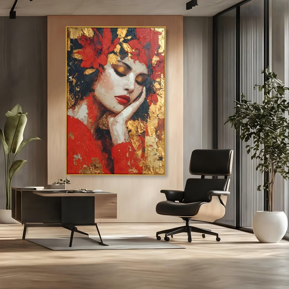 Tablou Canvas Premium, LuxCanva® G1227, Rasuflarea Luminii, Visare, Aur, Rosu, Tacere, Toamna, Catifea, Ganduri, Melancolie, Flori, Portret, Rafinament, Mister, Pasiune, Salon, Living, Dormitor