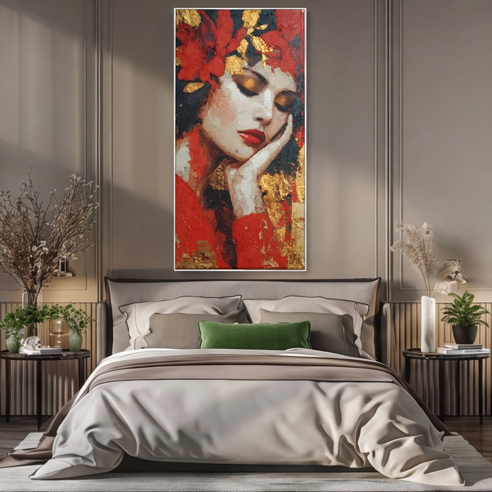 Tablou Canvas Premium, LuxCanva® G1227, Rasuflarea Luminii, Visare, Aur, Rosu, Tacere, Toamna, Catifea, Ganduri, Melancolie, Flori, Portret, Rafinament, Mister, Pasiune, Salon, Living, Dormitor
