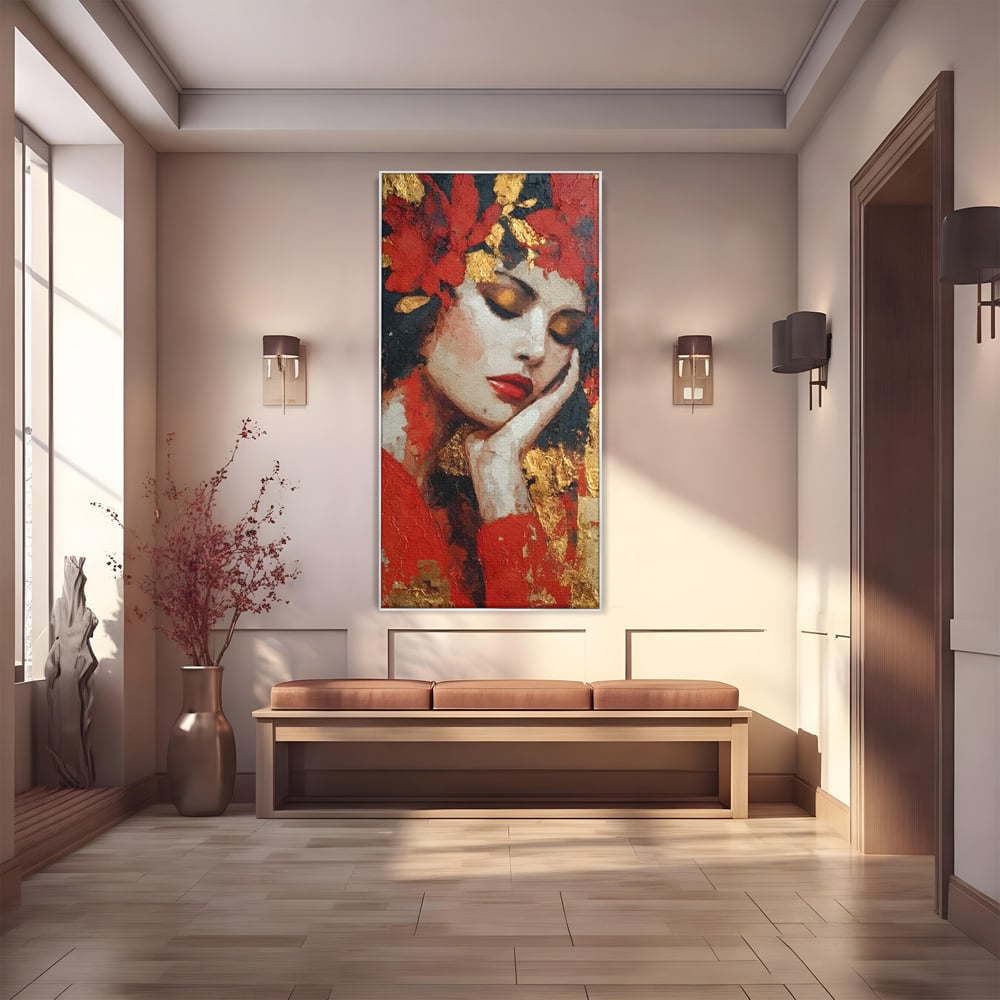 Tablou Canvas Premium, LuxCanva® G1227, Rasuflarea Luminii, Visare, Aur, Rosu, Tacere, Toamna, Catifea, Ganduri, Melancolie, Flori, Portret, Rafinament, Mister, Pasiune, Salon, Living, Dormitor