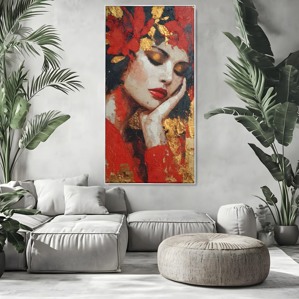 Tablou Canvas Premium, LuxCanva® G1227, Rasuflarea Luminii, Visare, Aur, Rosu, Tacere, Toamna, Catifea, Ganduri, Melancolie, Flori, Portret, Rafinament, Mister, Pasiune, Salon, Living, Dormitor
